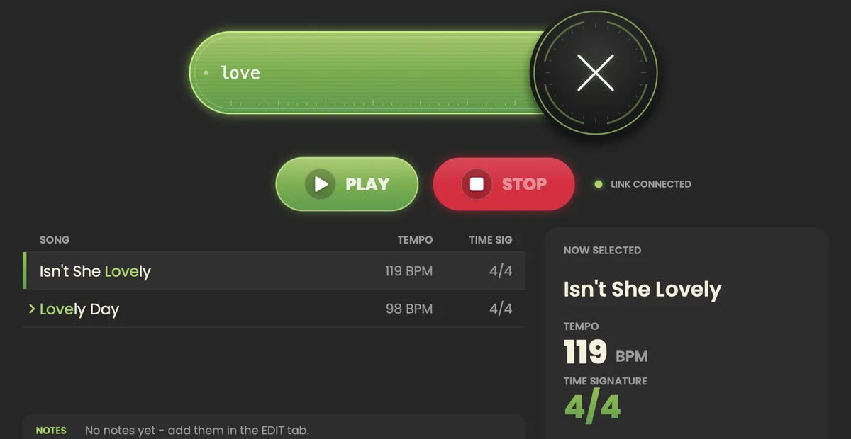 Typing “love” filters the list to Isn’t She Lovely and Lovely Day, with matching letters highlighted