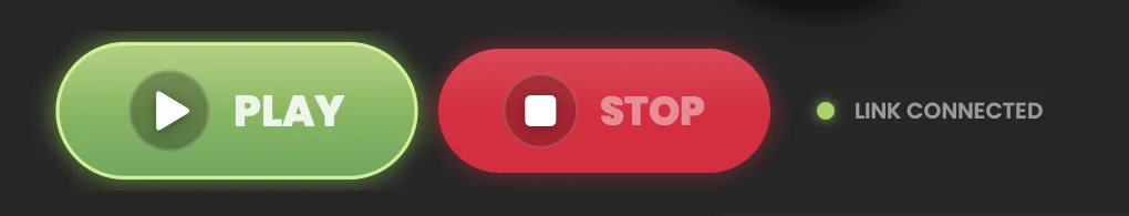 The green Play and red Stop buttons with the Link Connected indicator