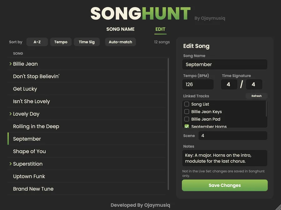 The EDIT tab: name, tempo, time signature, linked tracks, scene and notes