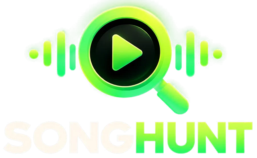 SONGHUNT logo: a neon-green magnifying glass with a play button, between audio bars