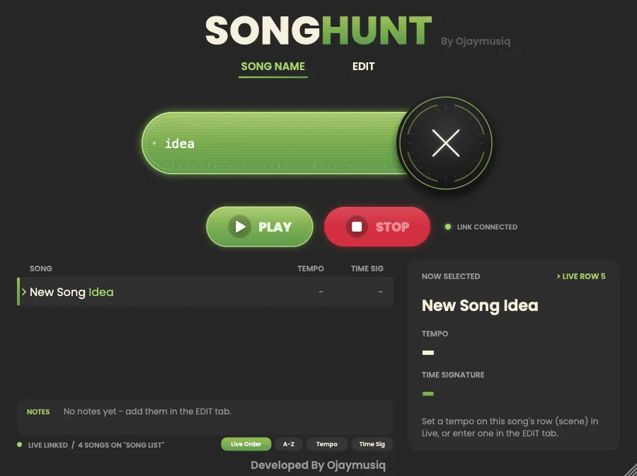 A song found only in the Live Set, with its Live row shown