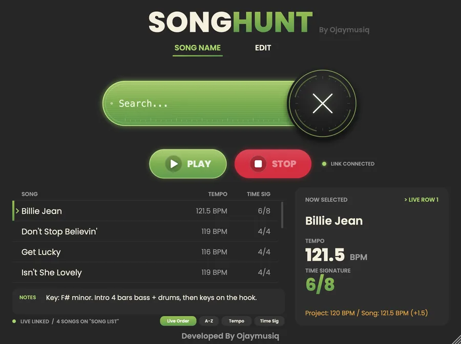 Songhunt’s main view: search bar, Play and Stop, song list and the Now Selected panel